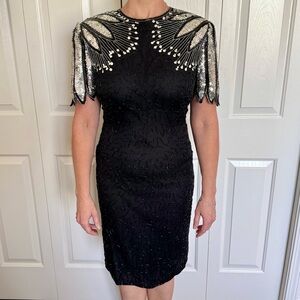 Vintage Laurence Kazar Sequin Black and Silver Silk Cocktail Dress Size S
